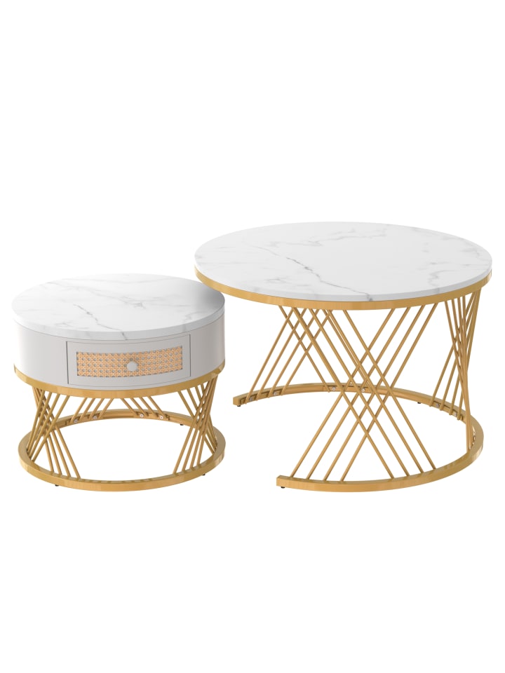 Couchtisch in Weiß 2-in-1 set mit Marmorplatte Ø70/50 cm, H 45/38cm