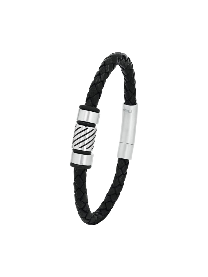 Armband Edelstahl, Leder in Schwarz