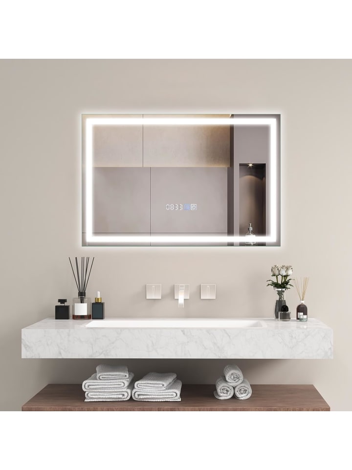 Badspiegel LED 3000-6000K mit Zeitanzeige & Speicherfunktion in Silber