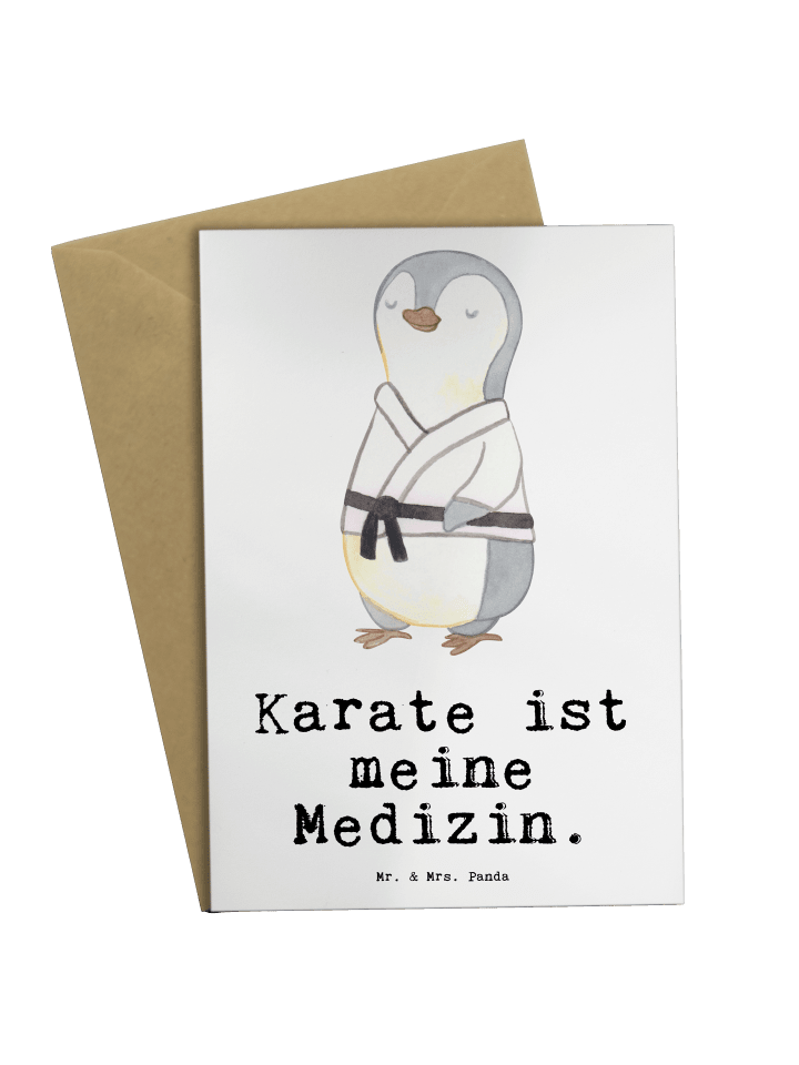 Grußkarte Pinguin Karate mit Spruch in Weiß
