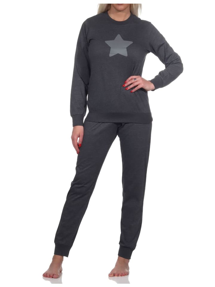 langarm Schlafanzug Pyjama Bündchen und Stern - 83344 in anthrazit