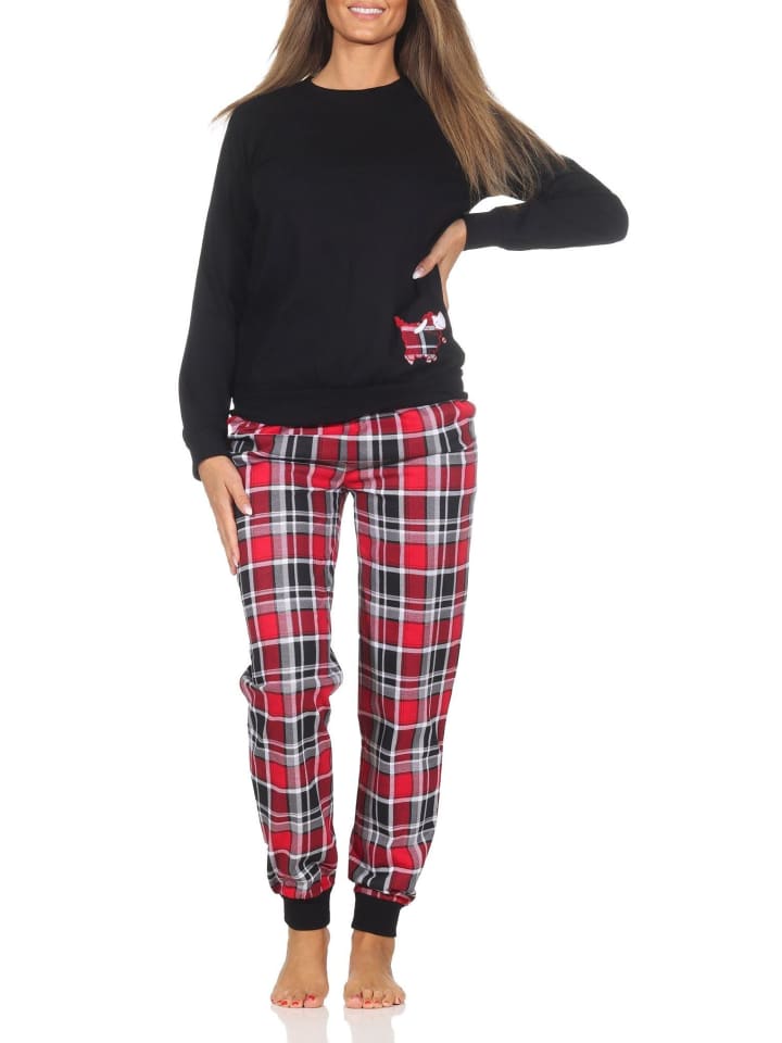 Schlafanzug Pyjama langarm Bündchen Tiermotiv - 87114 in schwarz