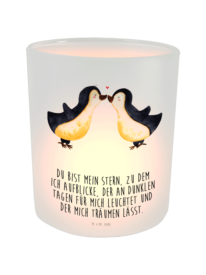 Kerzen Windlicht Pinguin Liebe mit Spruch in Transparent
