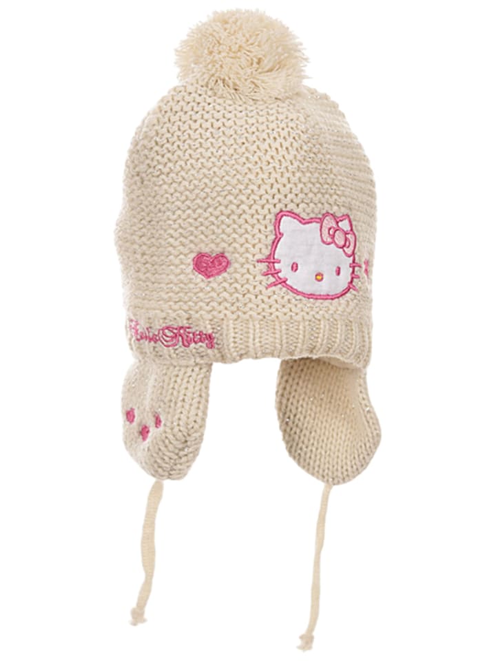 Baby Mütze gestrickt mit Fleece-Futter Hello Kitty in Weiß