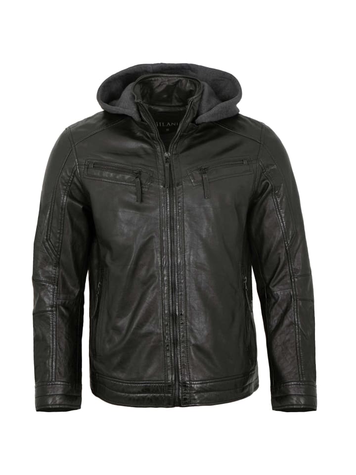 Lederjacke Kapuze Lammnappa in Schwarz