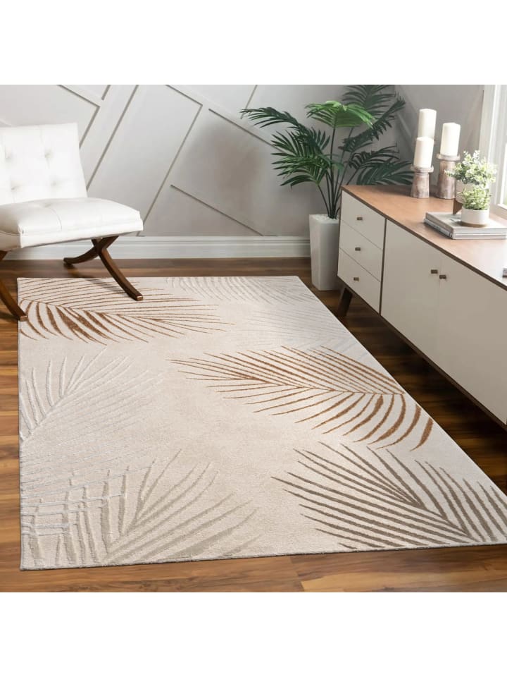 Teppich Kurzflor Blätter Wohnzimmer in Beige