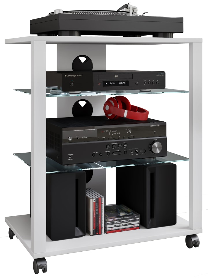 Hifi Möbel Rack Glas Phono Mediaregal Folas Rollen in Weiß