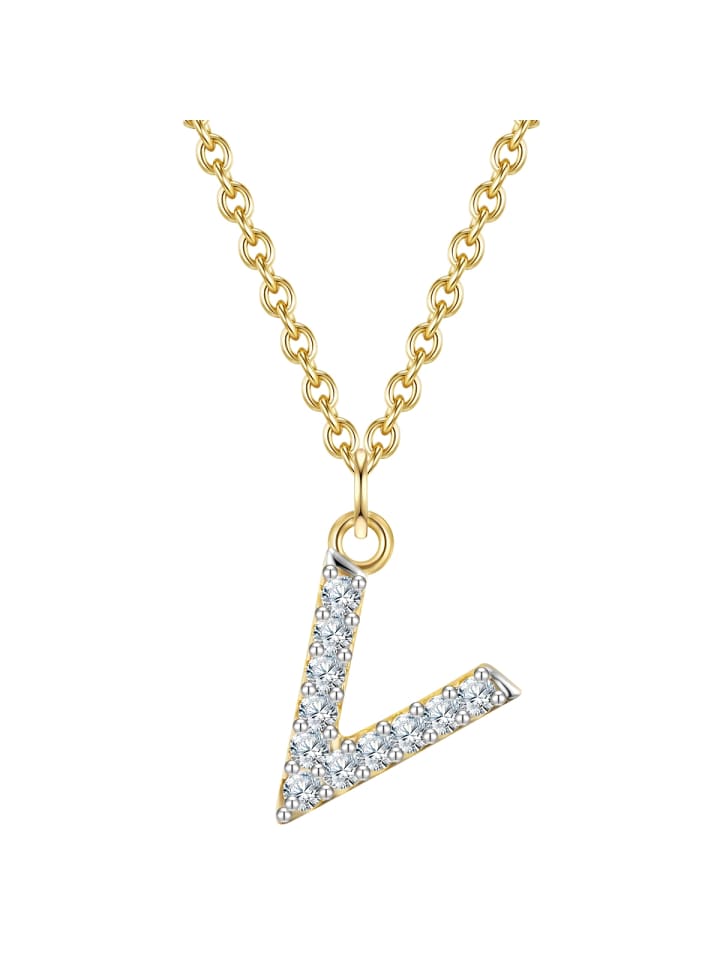 Halskette Buchstabe V aus Sterling Silber mit Zirkonia in gelbgold