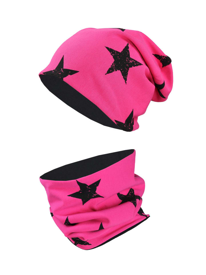 Unisex Kinder Beanie Mütze Schlauchschal Set in schwarz/pink