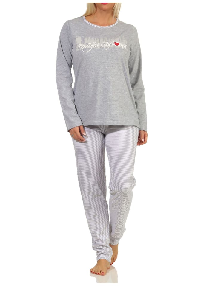 Schlafanzug Pyjama langarm print "New York City Loving" - 65198 in grau