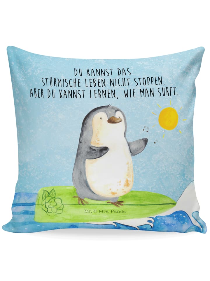 Kuschelkissen 40x40 Pinguin Surfer mit Spruch in Eisblau
