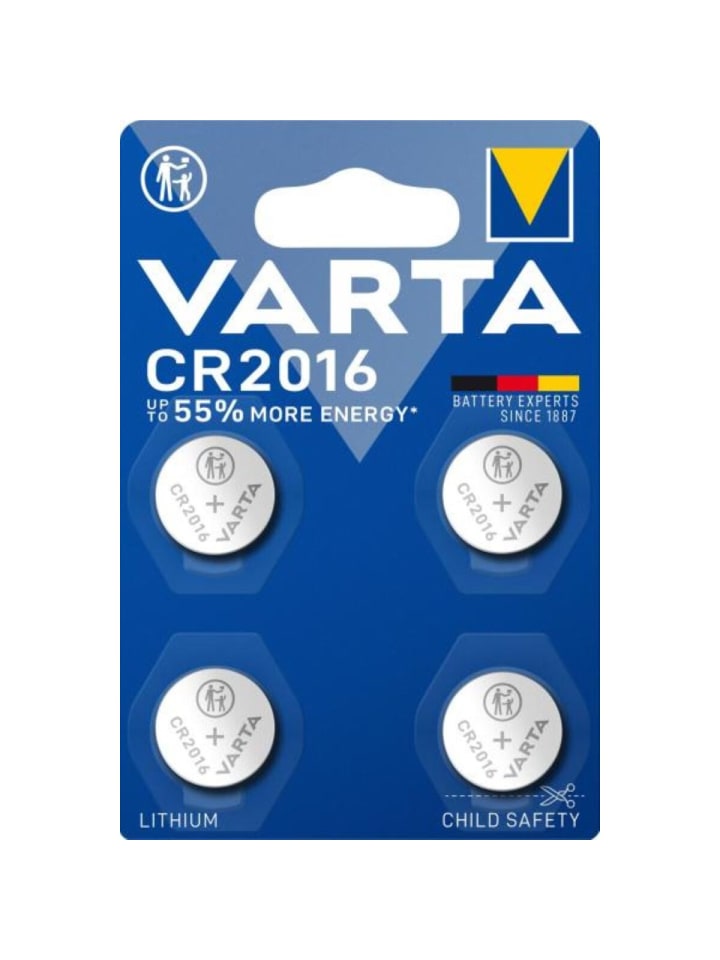 Varta Batterie Lithium, Knopfzelle, CR2016, 3V - 4er-Pack in Silber