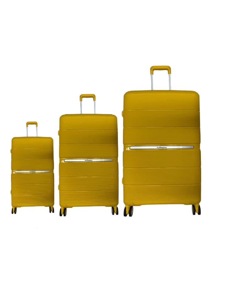 3-teiliges Hartschalenkofferset mit 4 Doppelrädern, 360° Rollensystem in Gelb