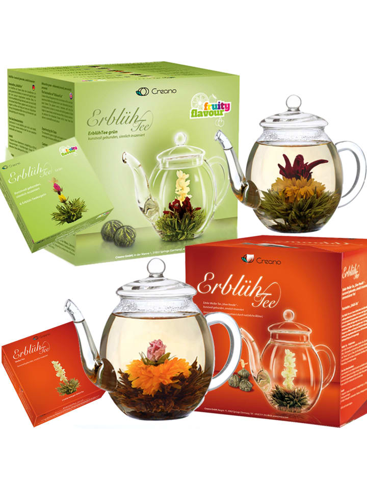 2x Teeblumen Geschenkset - Grüner und Weißer Tee + Teekanne