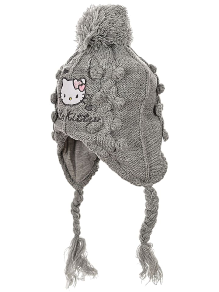 Baby Mütze gestrickt mit Fleece-Futter Hello Kitty in Grau
