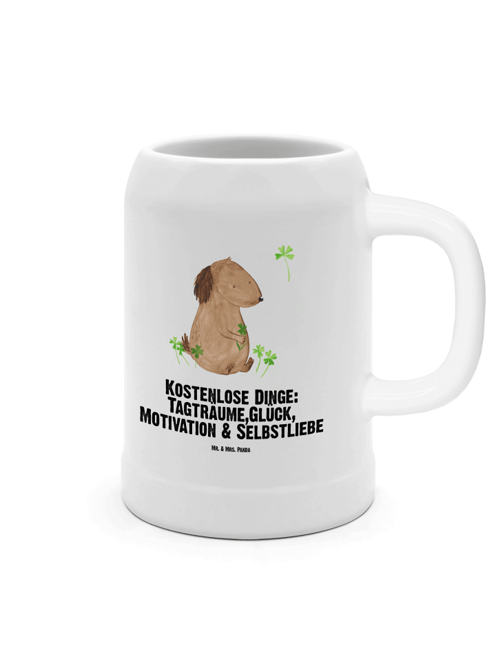 Krug Hund Kleeblatt mit Spruch in Weiß