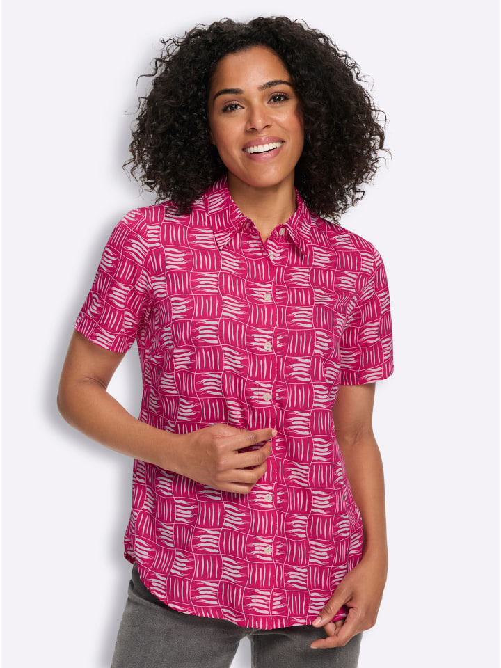 Kurzarm-Bluse in pink-ecru-bedruckt