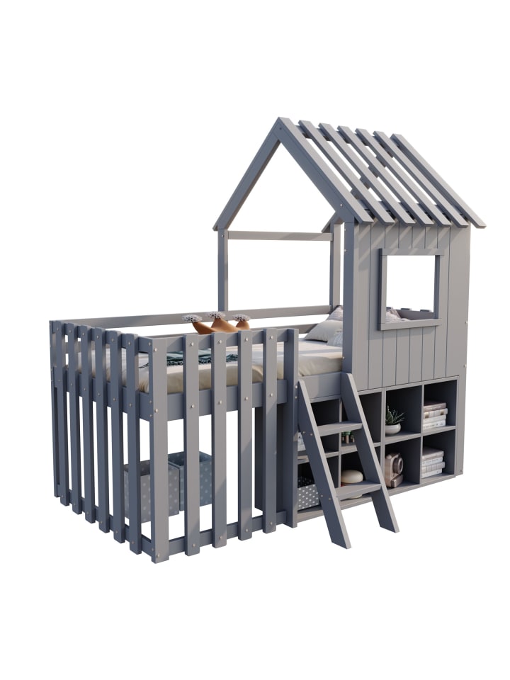 Kinderbett in Grau 90x200 cm mit Dach Fenster Leiter und Stauraum ohne Matratze