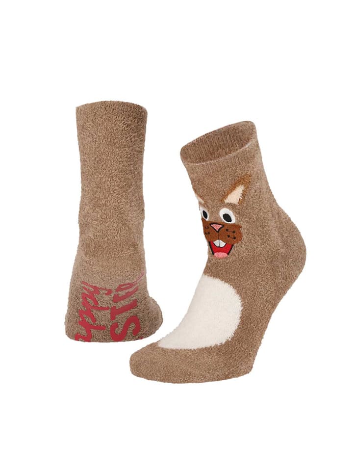 Damen Stopper-Kuschelsocken 1 Paar Oster Motiv Geschenkbox in Braun
