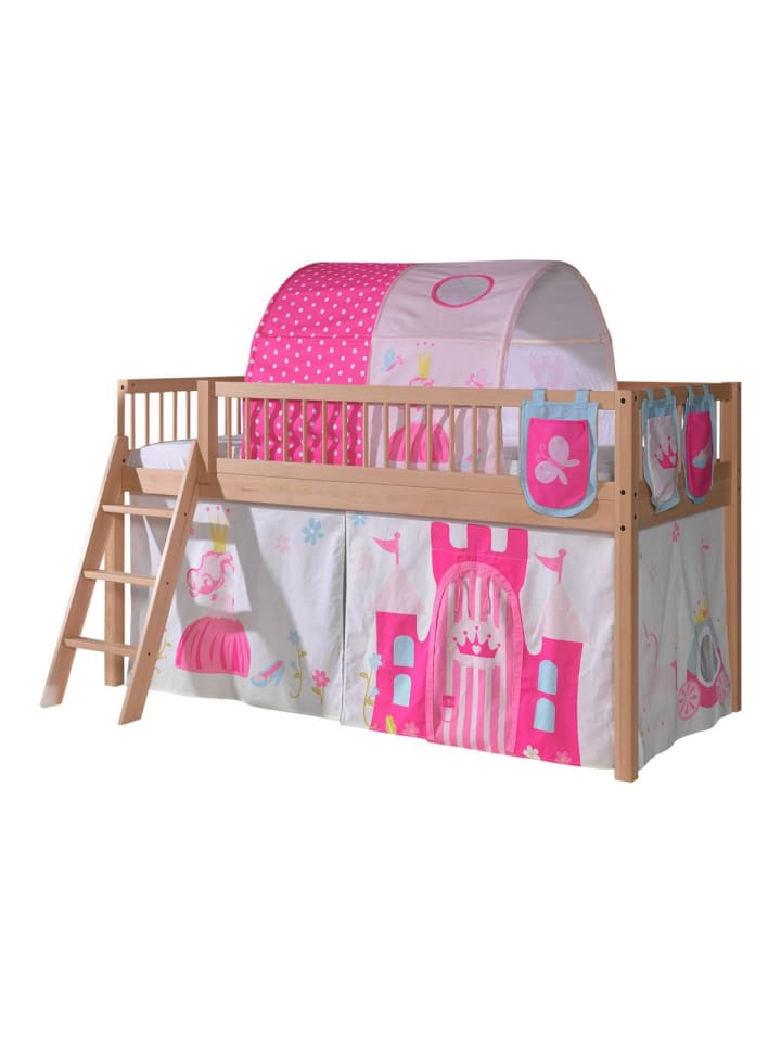 HALBHOHES BETT Kelci 90x200 Textilset Princess mit Tunnel Buche massiv