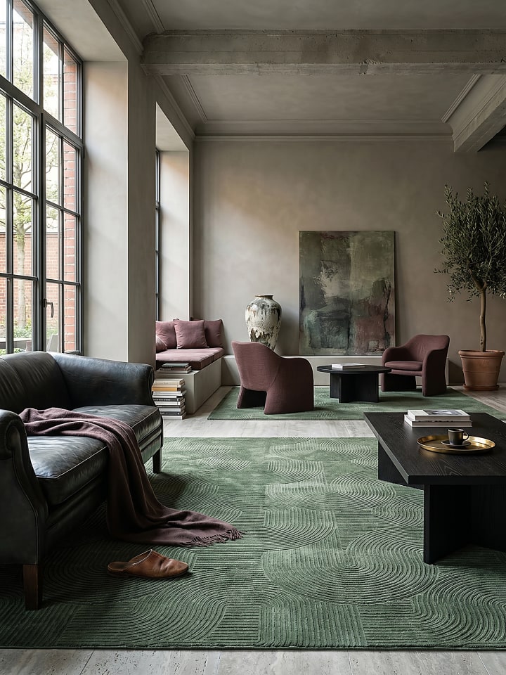 Teppich Kurzflor Geometrisch rutschhemmend pflegeleicht Wohnzimmer in Waldgrün
