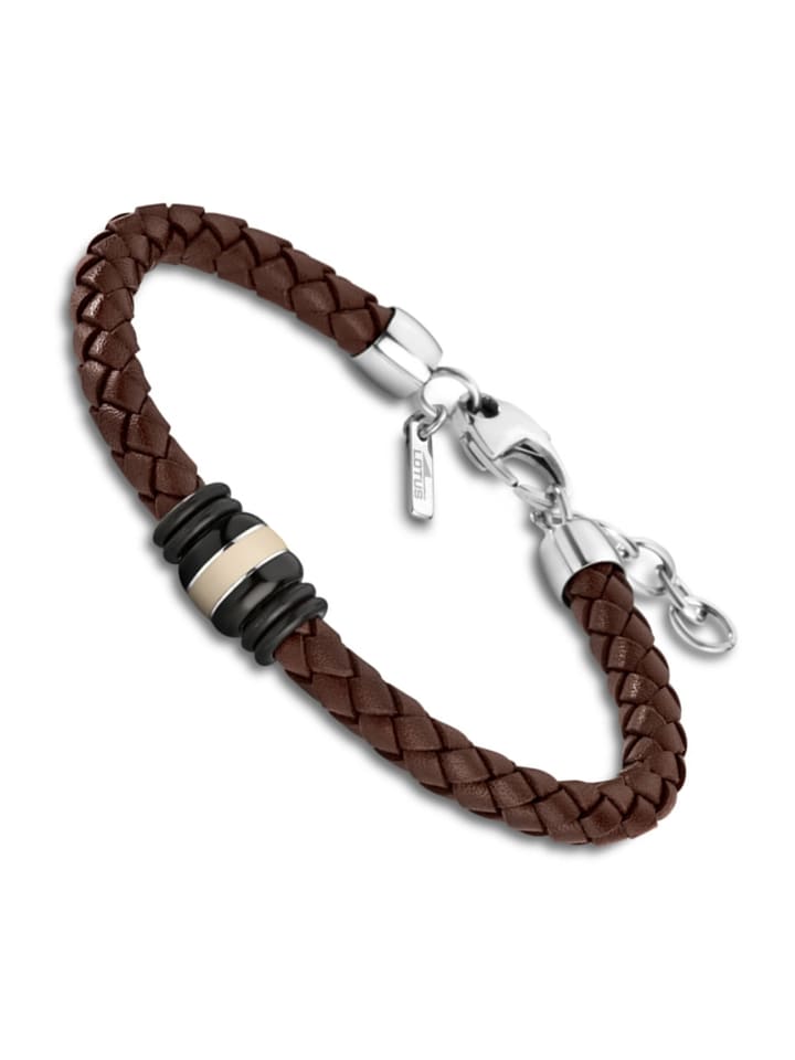 Herren Armband Edelstahl, Leder ca. 23,5cm Zopfkette Lotus Style Urban