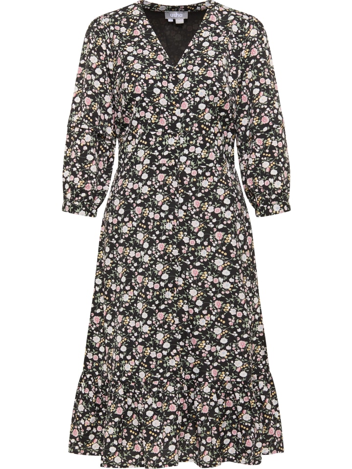 Damen Midikleid Mit Floralem Print in Schwarz Mehrfarbig