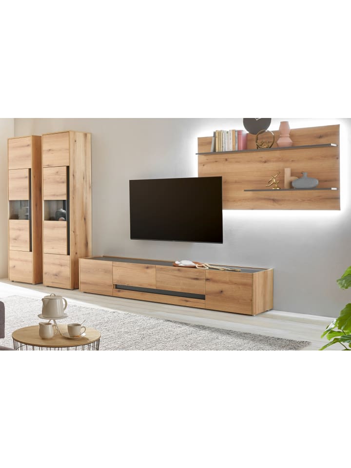 Wohnwand in Eiche, grau, Wohnkombination Set 4-teilig mit XL-TV-Schrank 400 cm