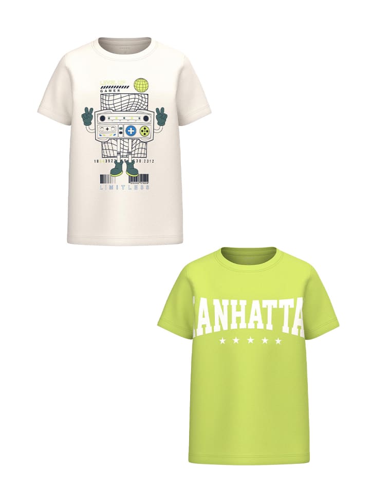 T-Shirt 2er-Set Kurzarm Rundhals Regular Fit Print in Weiß-Gelb
