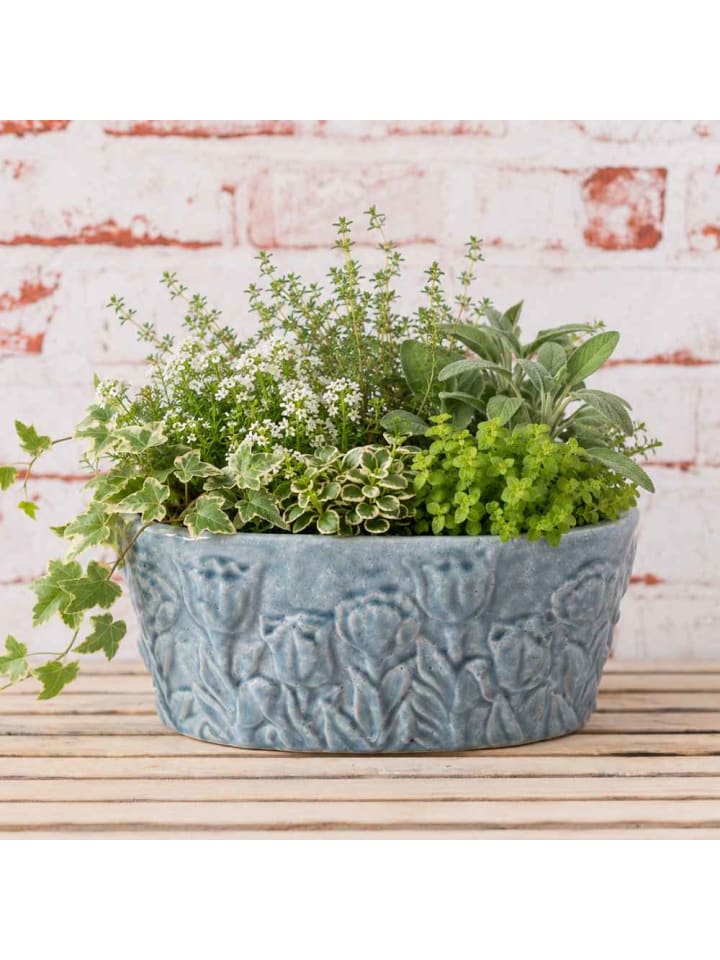 Blumentopf FIORI BLU Steingut Antik Blau Glasiert Oval 25x15 cm