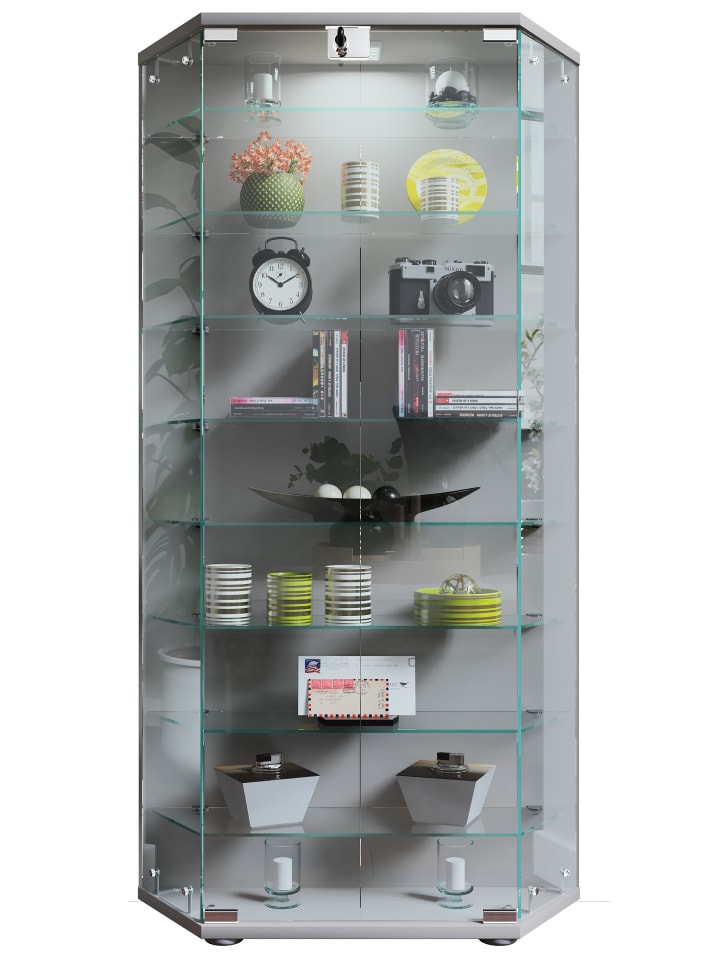 Holz Glas Stand Vitrine Sammelvitrine Cenila XL in Silber