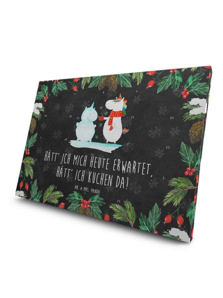 Adventskalender Einhorn Schneemann mit Spruch in Kreidetafel