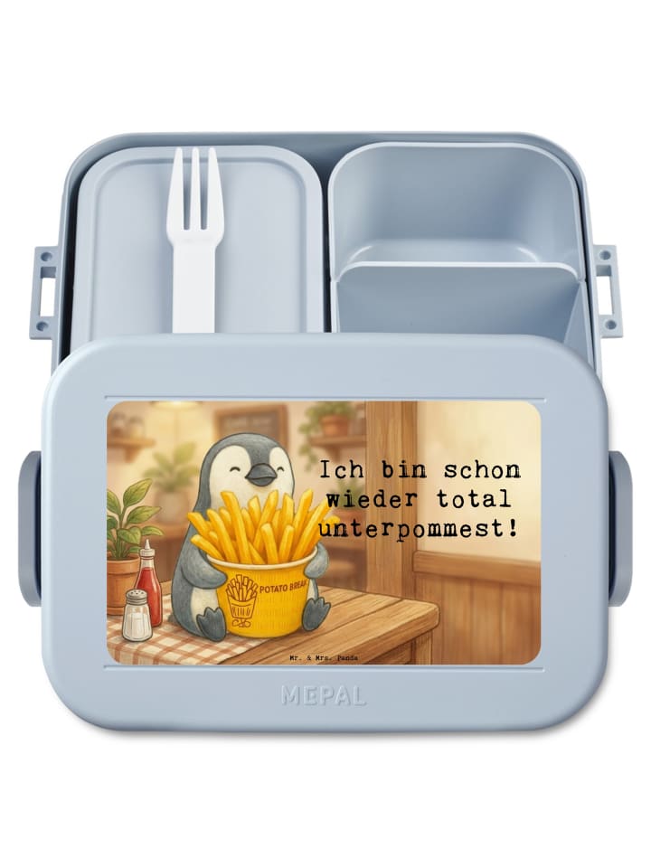 Lunch Box Pinguin Pommes Eimer Design mit Spruch in Blau Pastell