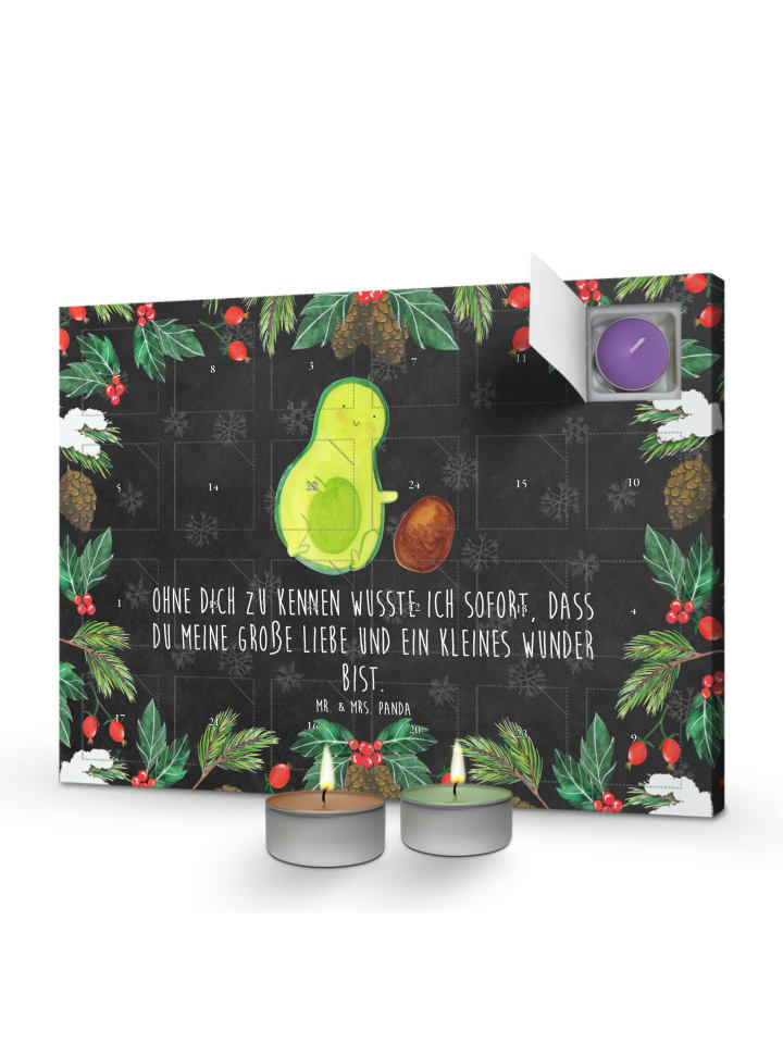 Adventskalender Avocado Kern rollt mit Spruch in Kreidetafel