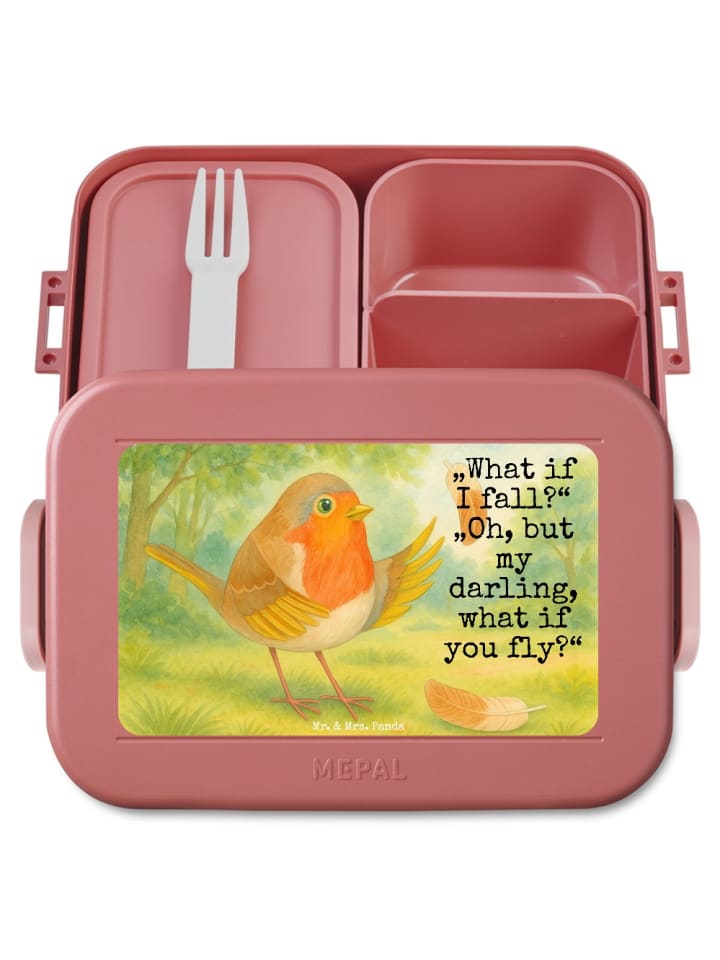 Bento Box Rotkehlchen Federn Design mit Spruch in Rot Pastell