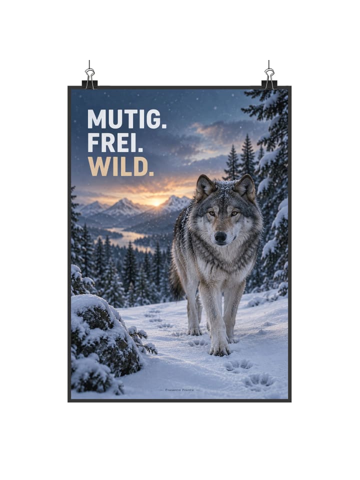 Plakat Wolf friedlich Design mit Spruch in Weiß