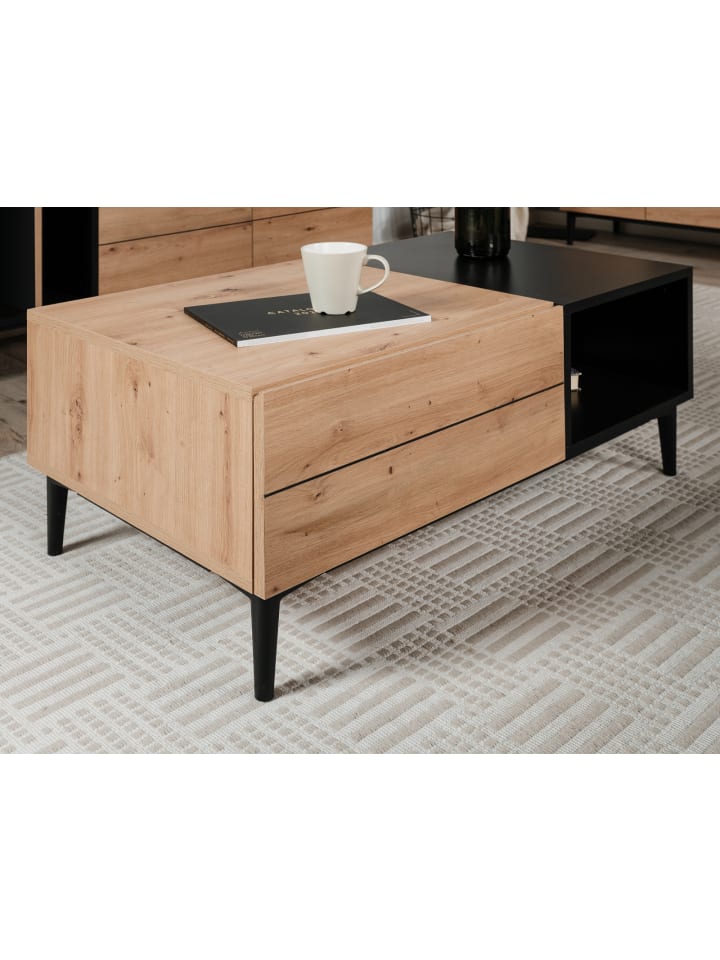 Couchtisch Eiche Artisan, schwarz 100 cm, Wohnzimmertisch mit Schubkasten