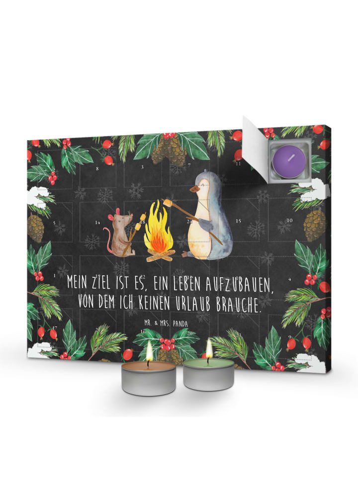 Adventskalender Pinguin Lagerfeuer mit Spruch in Kreidetafel