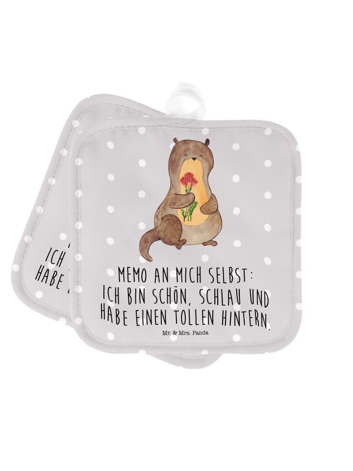 Topflappen Otter Blumenstrauß mit Spruch in Grau Pastell