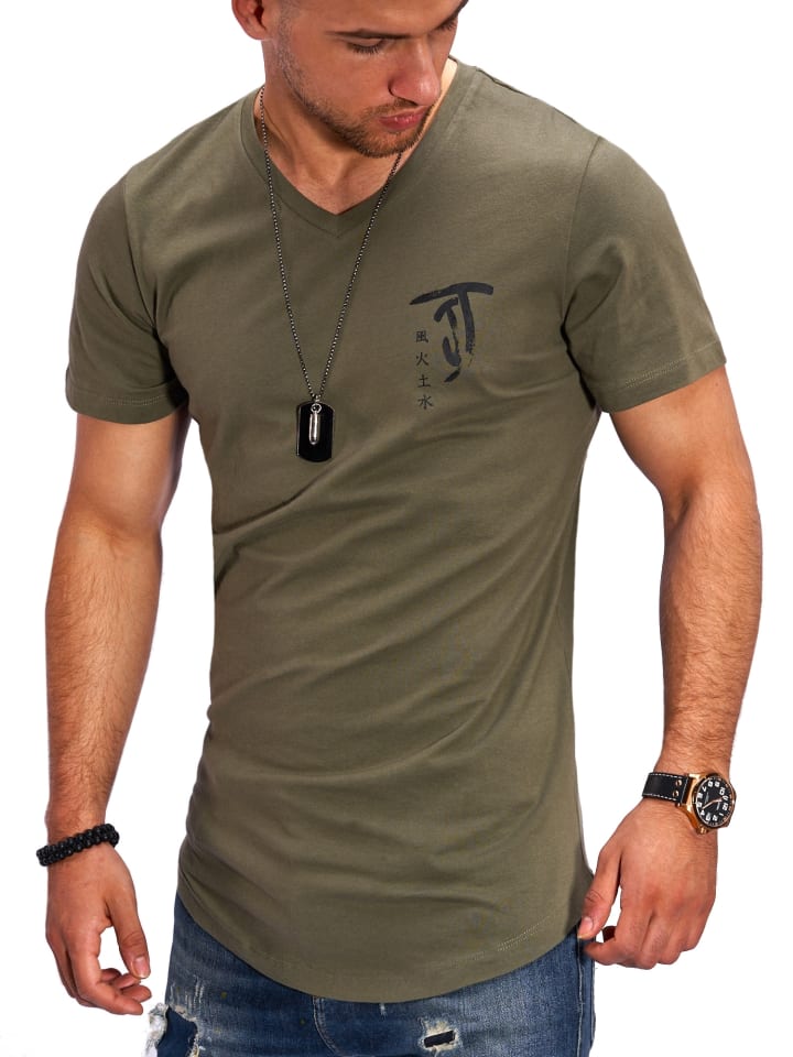 T-Shirt - JJJORCHINTEE mit Print V-Neck in Khaki