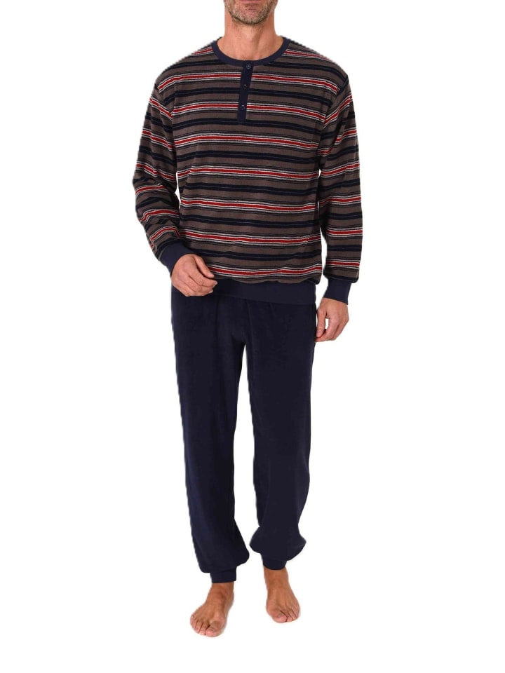 Langarm Schlafanzug Frottee Stretch Pyjama Bündchen in marine1