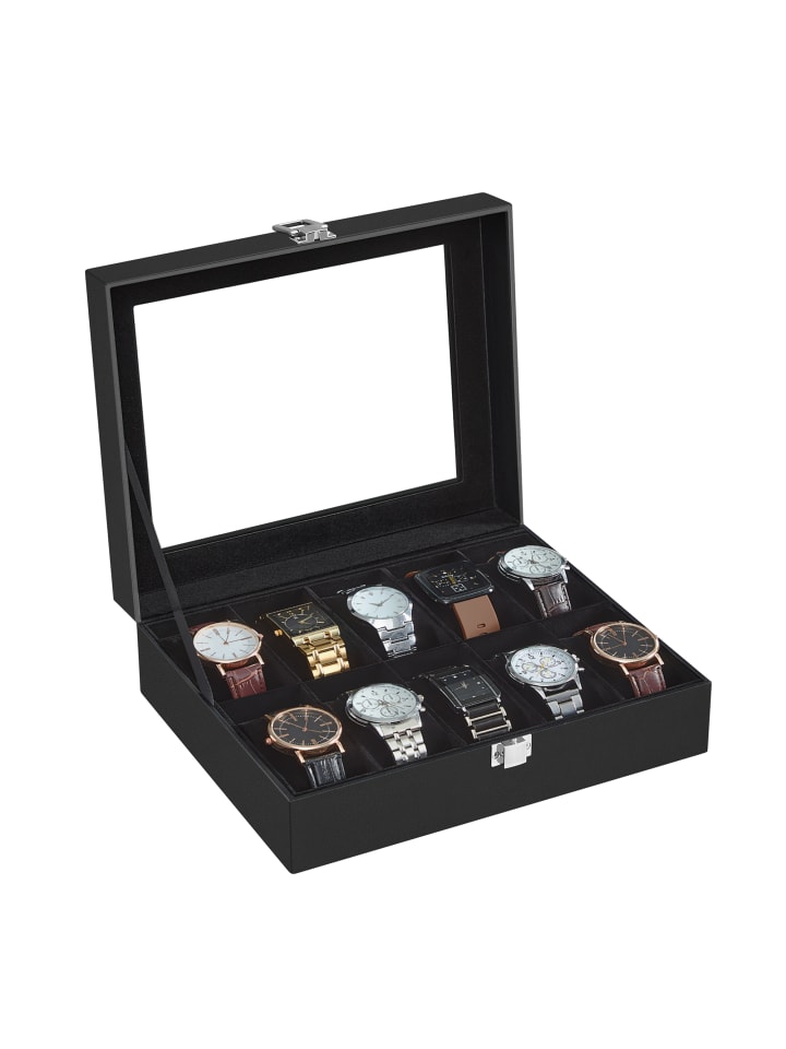 Uhrenbox in PU-Bezug in Schwarz - (B)25.5 x (H)7.8 x (T)20.2 cm