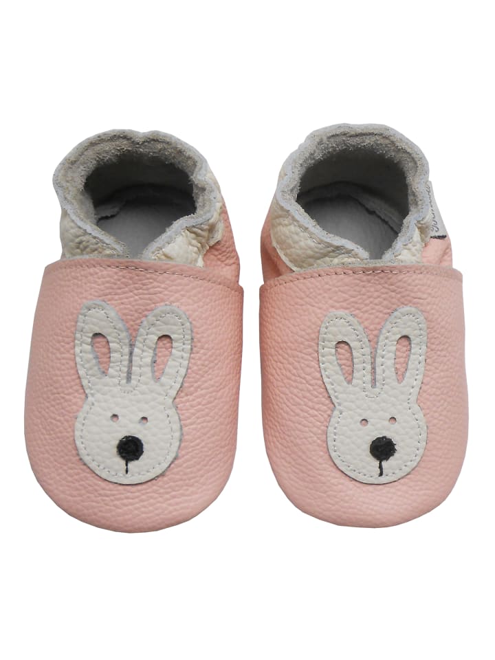 Rosa Baby-Leder-Laufschuhe, komfortabel mit rutschfester Sohle - mit Hasenmotiv