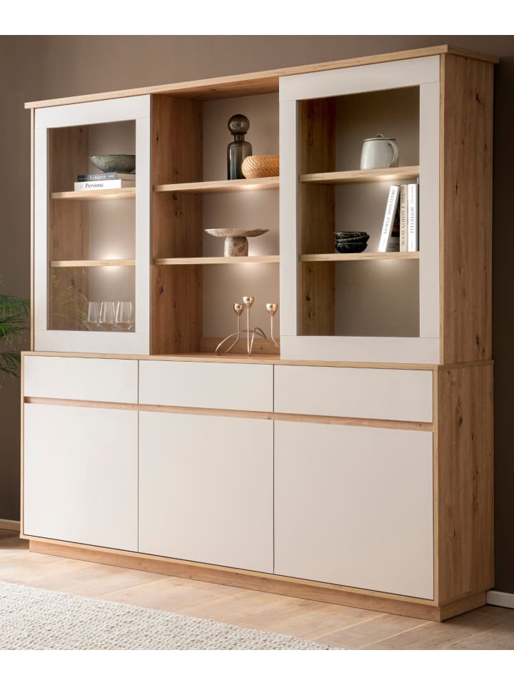 Buffet Kaschmir, Eiche Artisan 202 x 199 cm, Vitrinenschrank mit Soft-Close