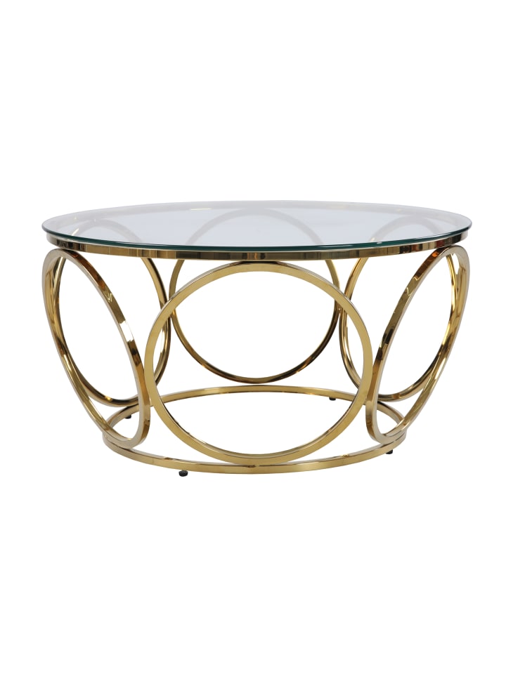 Couchtisch rund Ø 80 cm Klarglasplatte 8 mm und Edelstahlgestell in Goldfarben