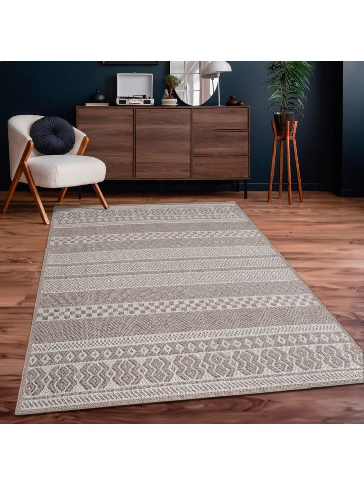 Teppich Kurzflor Streifen Boho Wohnzimmer in Beige