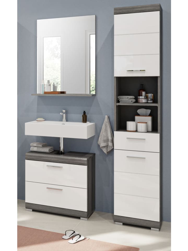 Badmöbel-Set weiß Hochglanz, grau 3-teilig 112 cm, Kombination mit viel Stauraum