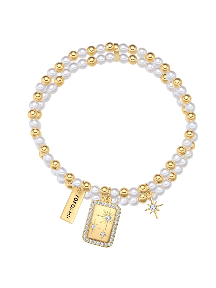 Perlen-Armband Sterne aus Messing mit Zirkonia und Perle (synth.) in gelbgold
