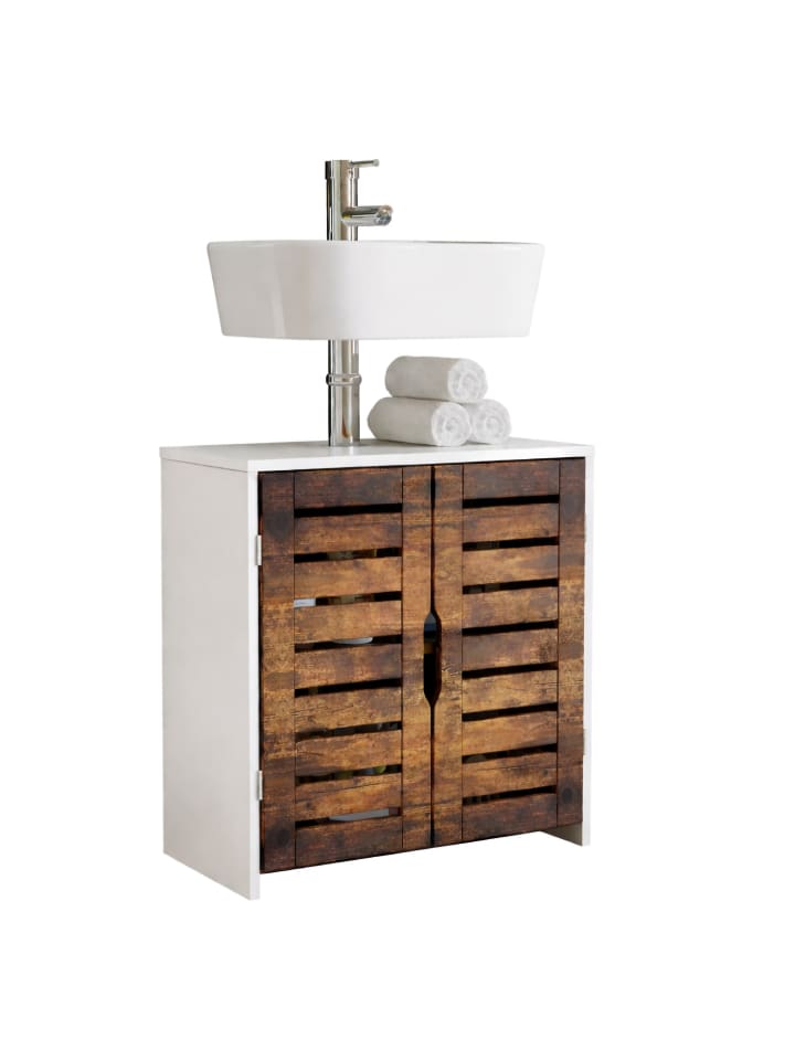 Badschrank Badunterschrank Waschbecken Flonali in Weiß / Vintage-Eiche