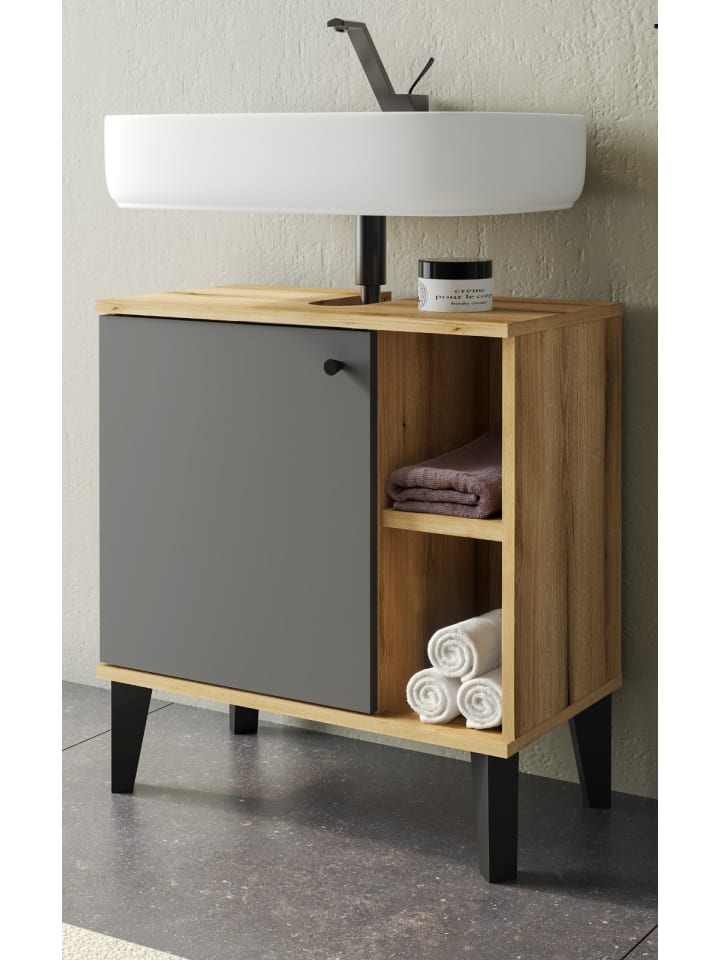Waschbeckenunterschrank grau, Evoke Eiche, Badezimmer Unterschrank, 60 cm